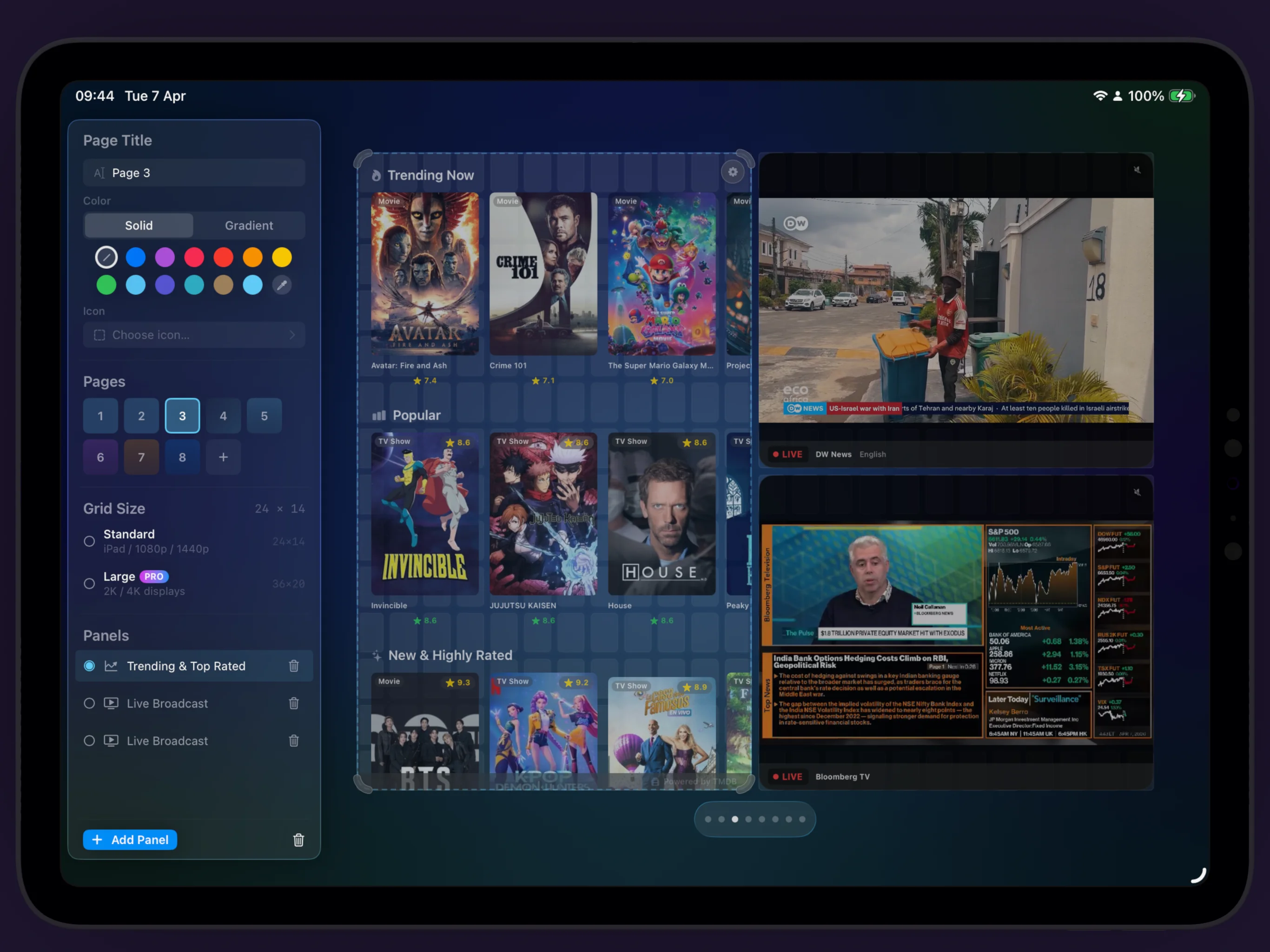 Lookout Station — Edit mode with page settings sidebar and panel layout