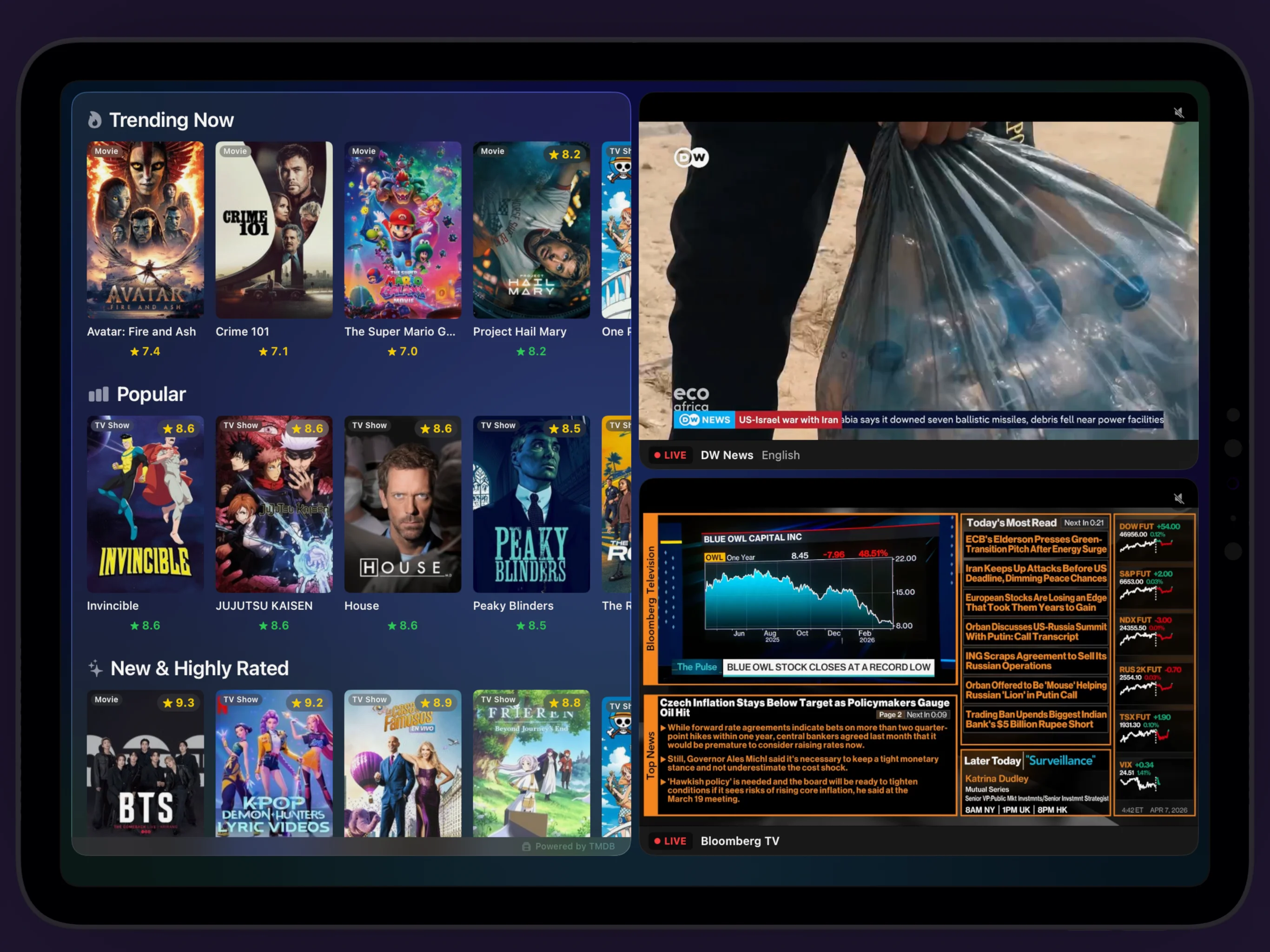 Lookout Station — Entertainment and live news dashboard with trending movies and Bloomberg TV
