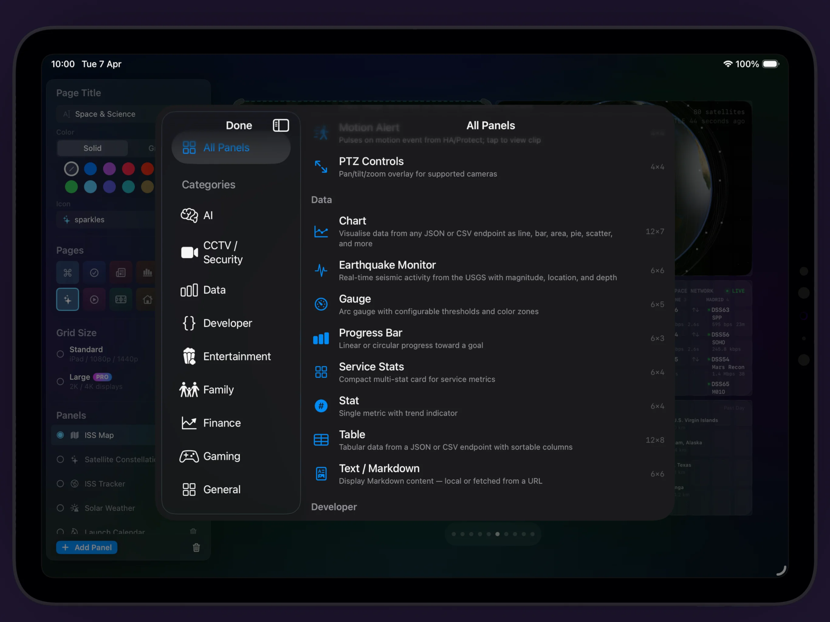 Lookout Station — Panel browser showing 100+ available panel types