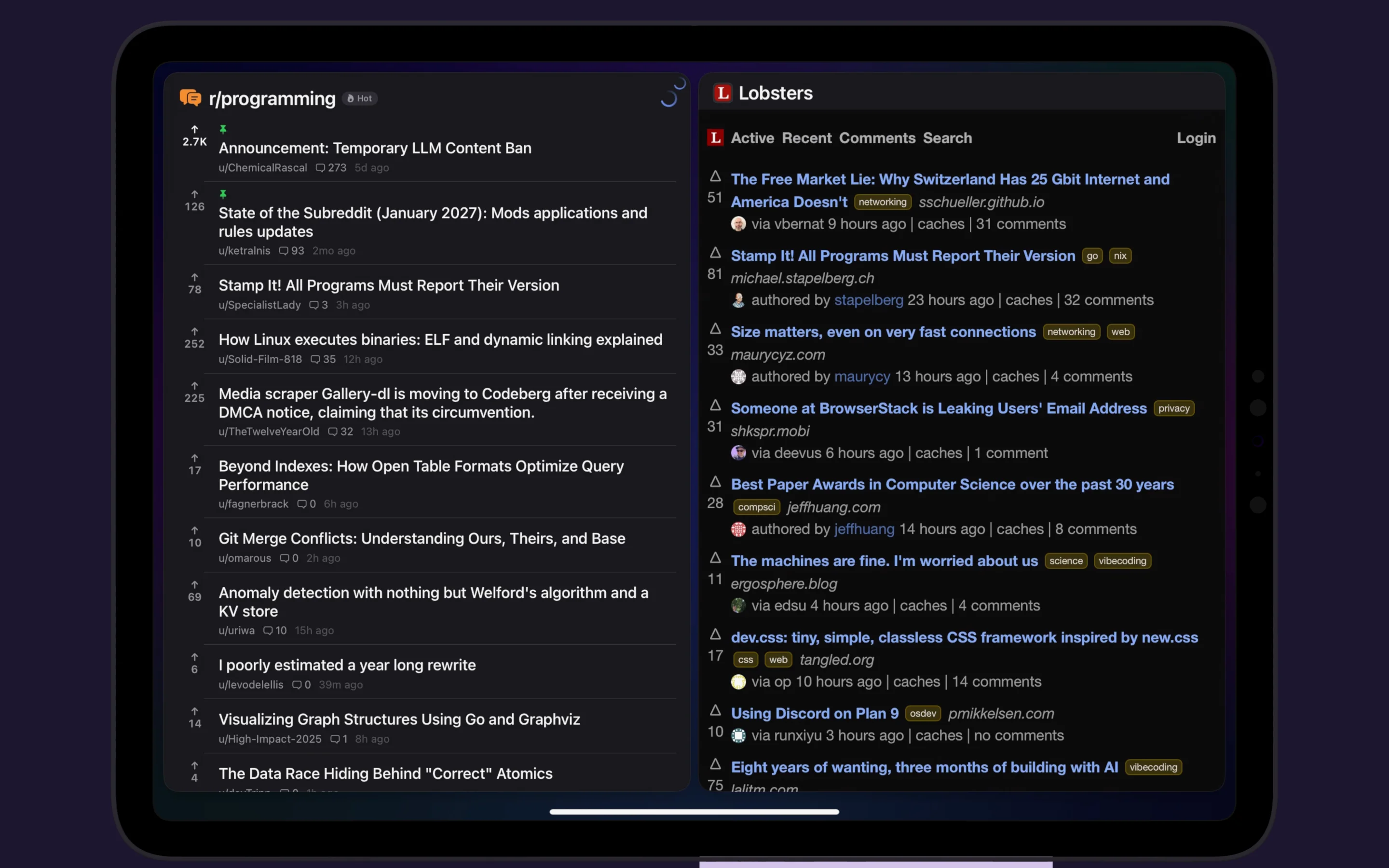 Lookout Station — Reddit and Lobsters tech news feeds