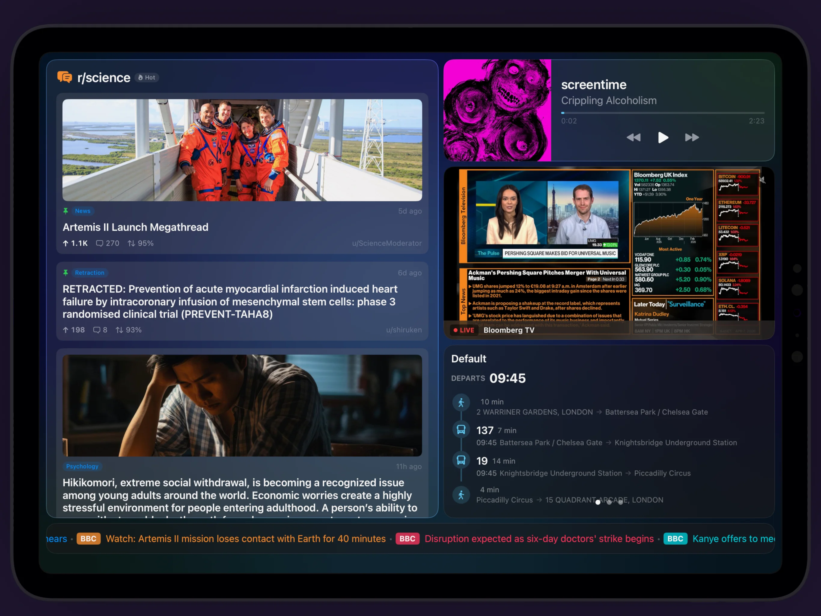 Lookout Station — Reddit, Now Playing, Bloomberg TV, and commute panels