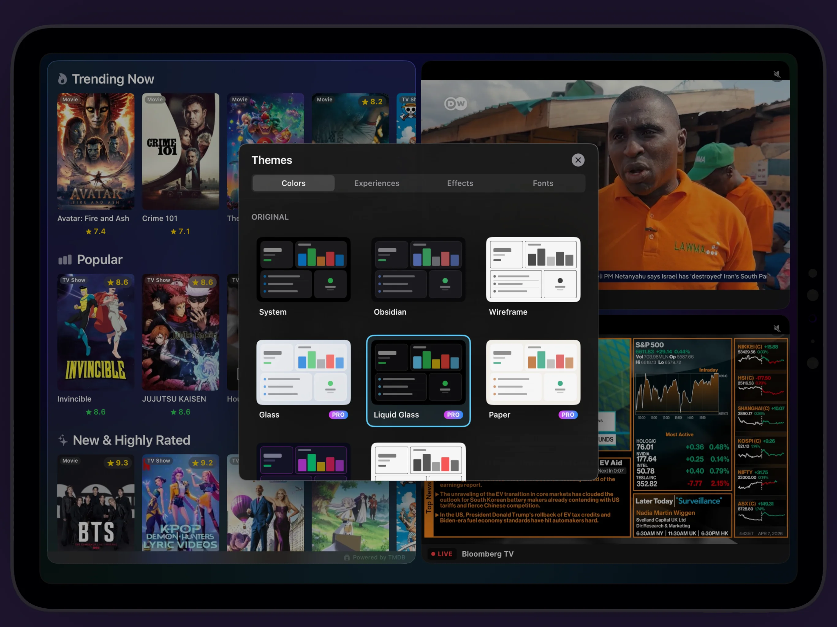 Lookout Station — Theme picker showing color themes and pro options